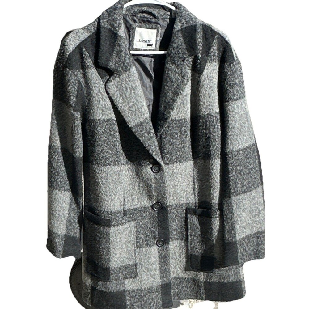Levi’s Womens Medium Plaid Peacoat Gray Black Wool Blend Button Front Coat